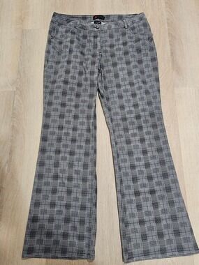 MXM Plaid Flare Pants Sz.16 Black Gray Skull Button Studs Punk Y2K Office Casual